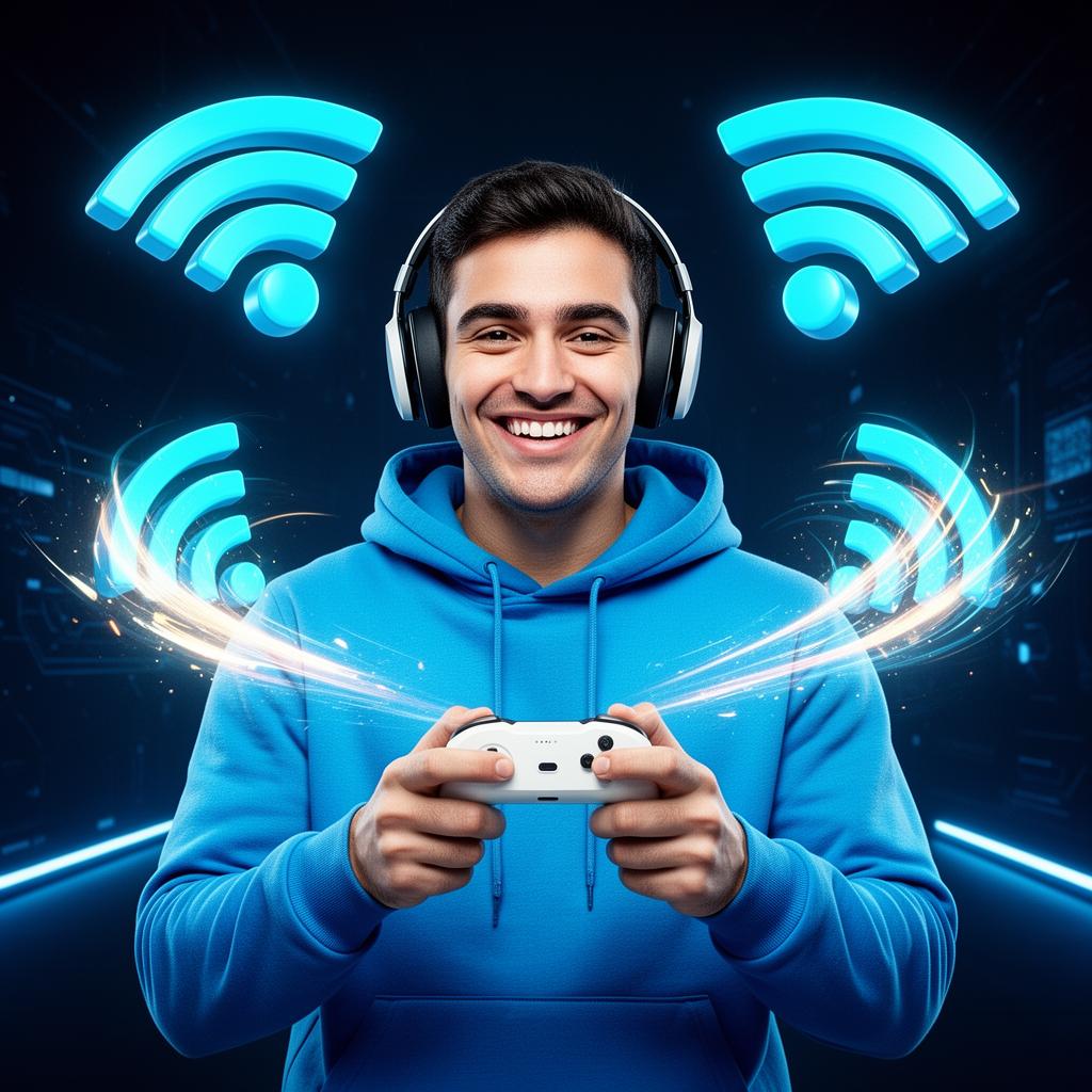 Jovem sorrindo jogando videogame com fones de ouvido, cercado por ícones de Wi-Fi