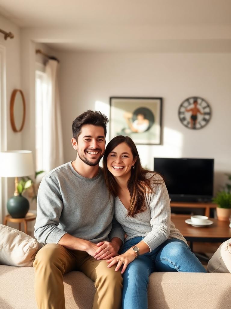 Casal sorrindo em casa