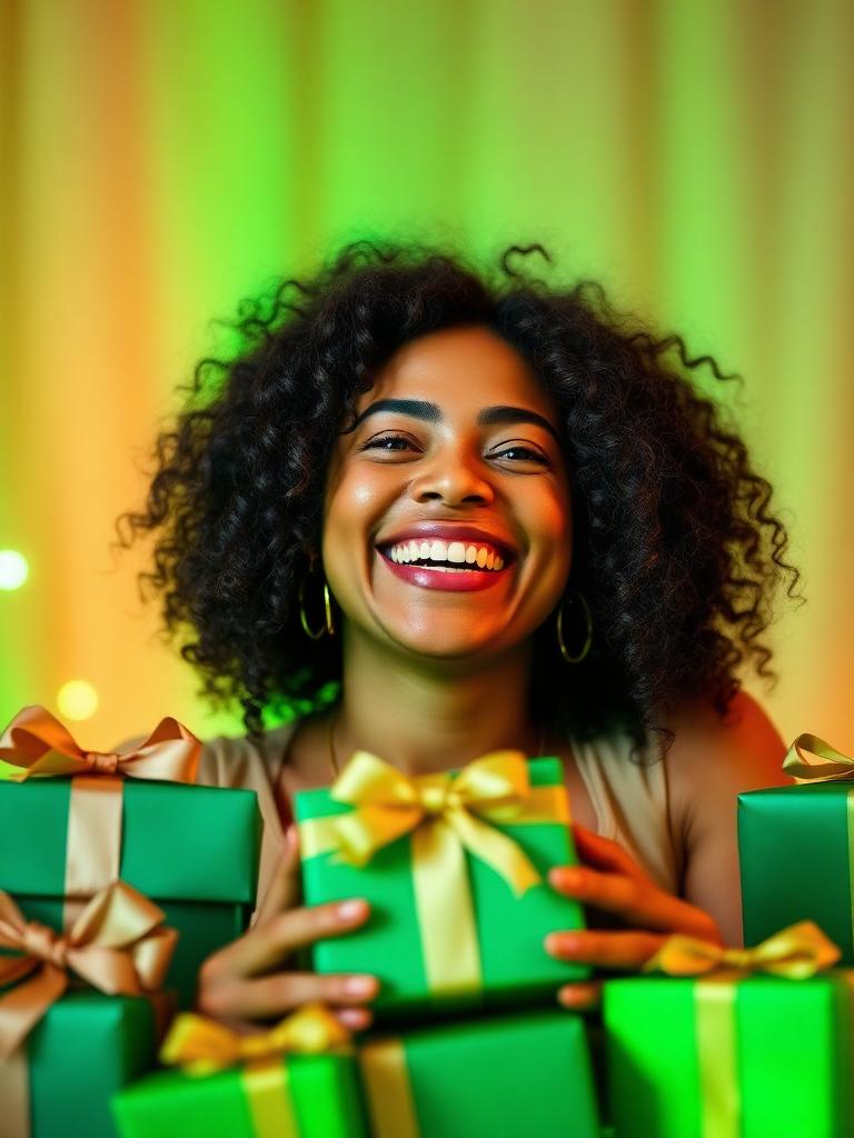 Pessoa sorrindo cercada por presentes